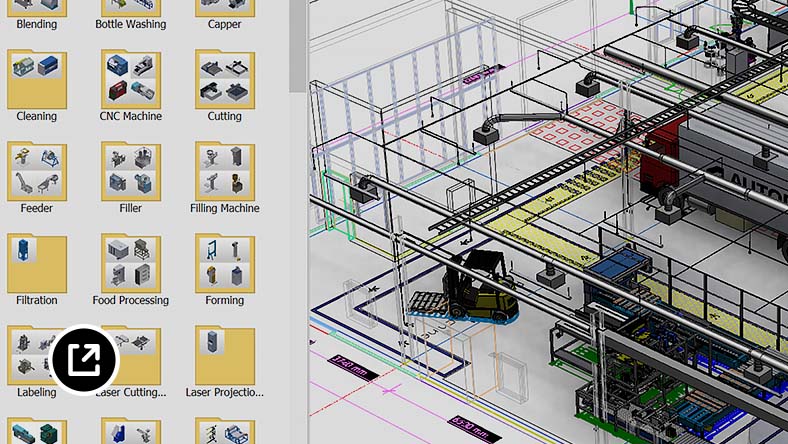 左侧为资源库面板的工厂布局 