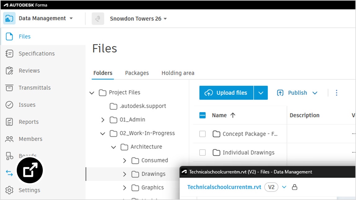 User interface of Autodesk Docs, list of files relating to Snowdon Towers