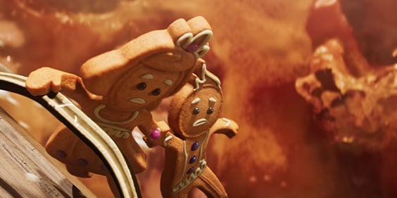 Couple de personnages en pain d'épice apparaissant dans la bande-annonce du Trône d'Eldraine