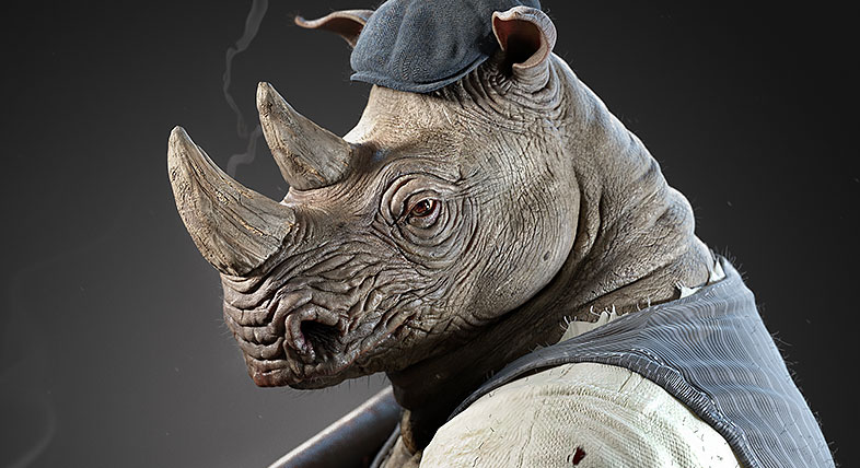 A realistic rhinoceros character wearing a cap and vest and holding a rifle
