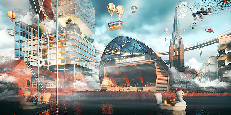 A futuristic world with hot air balloons