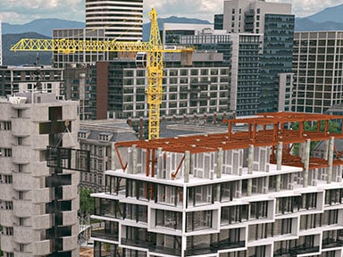  A cityscape under construction, including high-rises and a yellow crane