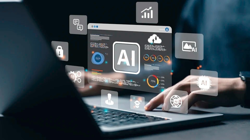 A composite image illustrates the many facets of AI, superimposed over a laptop.