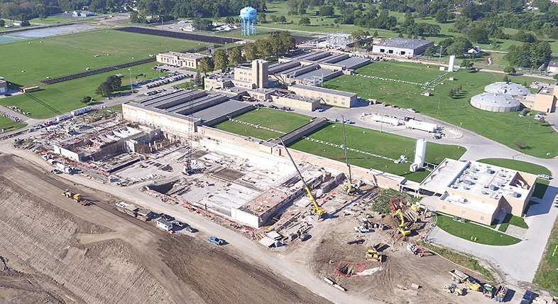 Aerial view of a water treatment plant expansion under construction