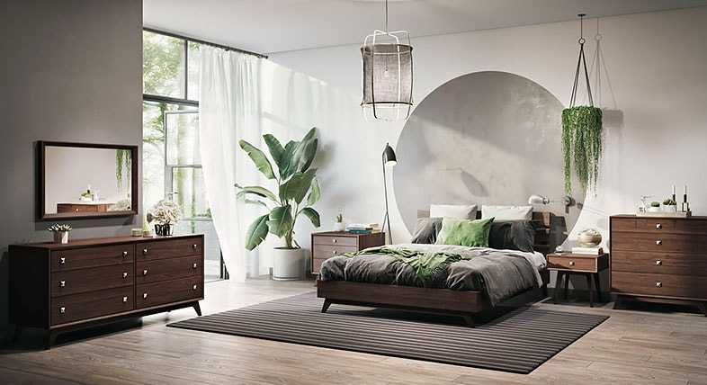 Photo-realistic 3D rendering of a bedroom decorated with contemporary furniture