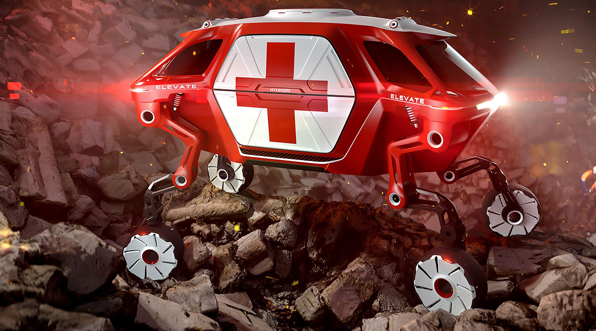 Rendering of an example of Hyundai's mobility vehicle, an ambulance climbing over rocky terrain