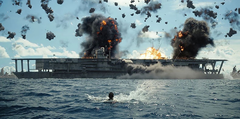 3D visual effects image of a battleship under attack at sea