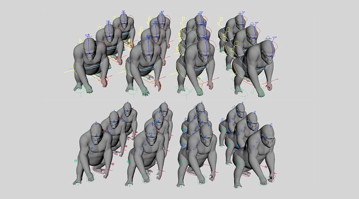 Comparison of ape character designs rendered with Weta Koru and Autodesk Maya