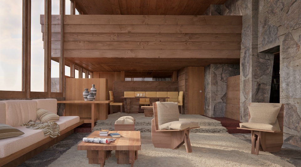 Rendering of Frank Lloyd Wright’s Pauson house interior