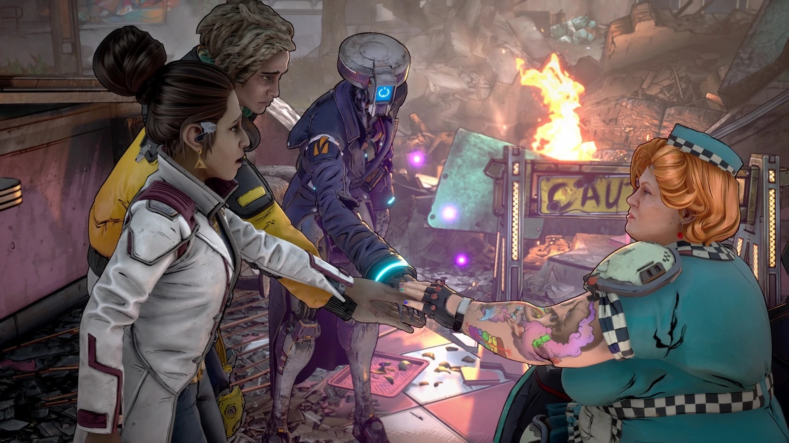 Quatre personnages du jeu New Tales from the Borderlands réunis dans une scène post-apocalyptique.