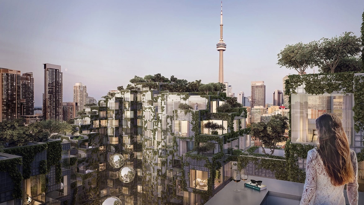 Rendering des Innenraums einer Wohnung im KING Toronto mit Blick auf einen Balkongarten und eine Stadtlandschaft