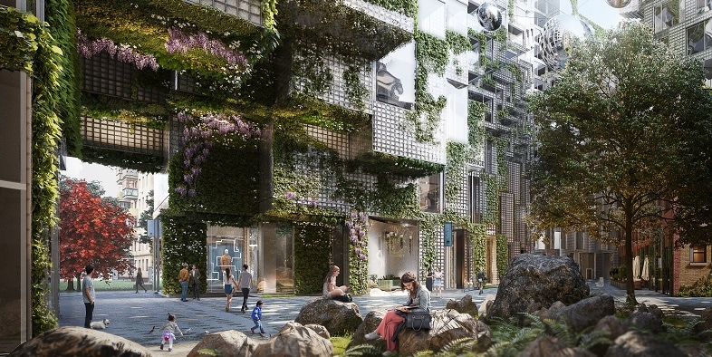 Rendering of the public plaza at KING Toronto shows a garden at the center and vine-covered glass brick facades rising above it