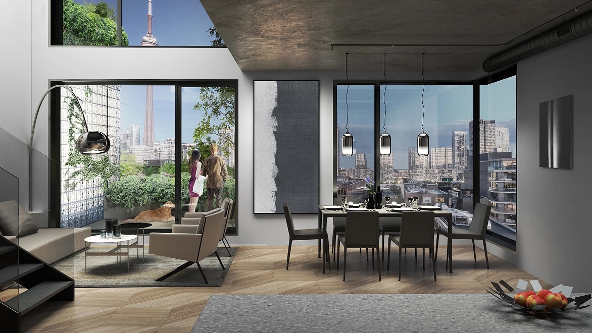 Renderización del interior de una vivienda de KING Toronto que muestra las vistas de un balcón ajardinado y el paisaje urbano