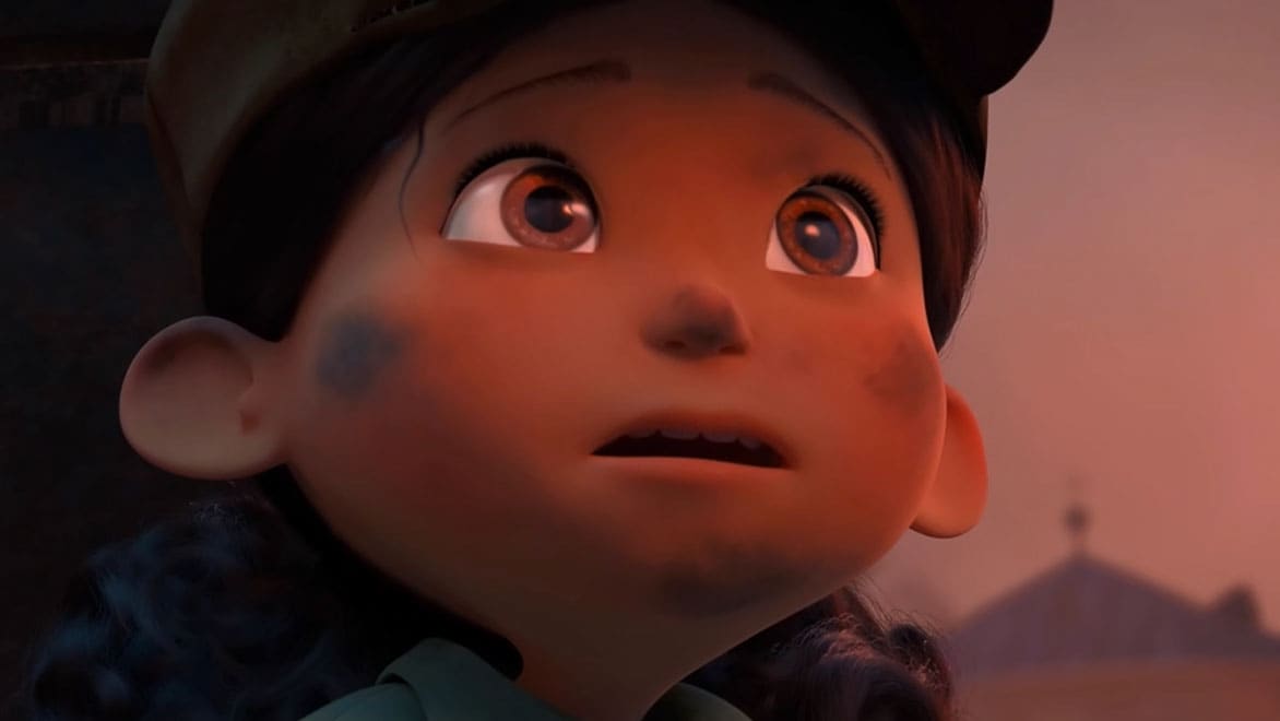 Eine Szene aus dem Animationsfilm Mila zeigt ein ängstliches kleines Mädchen, das nach oben blickt, während Bomber über ihre Heimatstadt fliegen