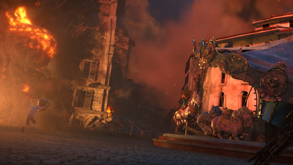 Scen från den animerade filmen Mila visar en karusell och byggnader som förstörts under bombningen av Trentos torg 