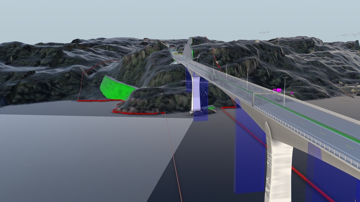 3D BIM model of the Trysfjord Bridge showing reference lines