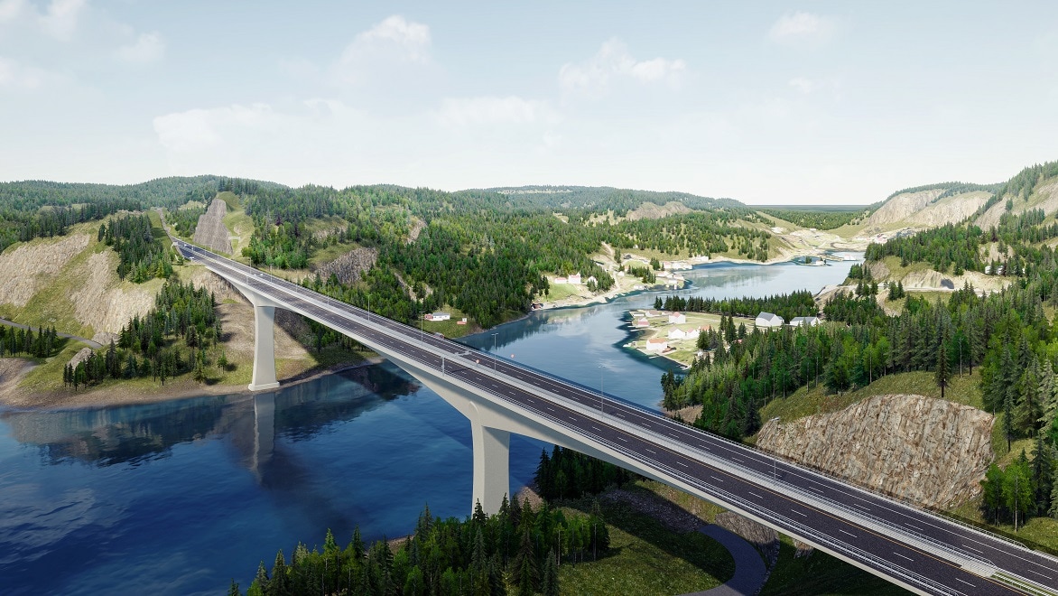 Rendering of the Trysfjord Bridge across a fjord in a hilly, forested landscape