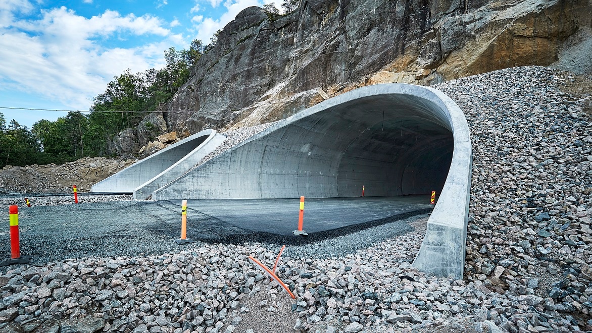 Two highway tunnels leading into a rocky cliff