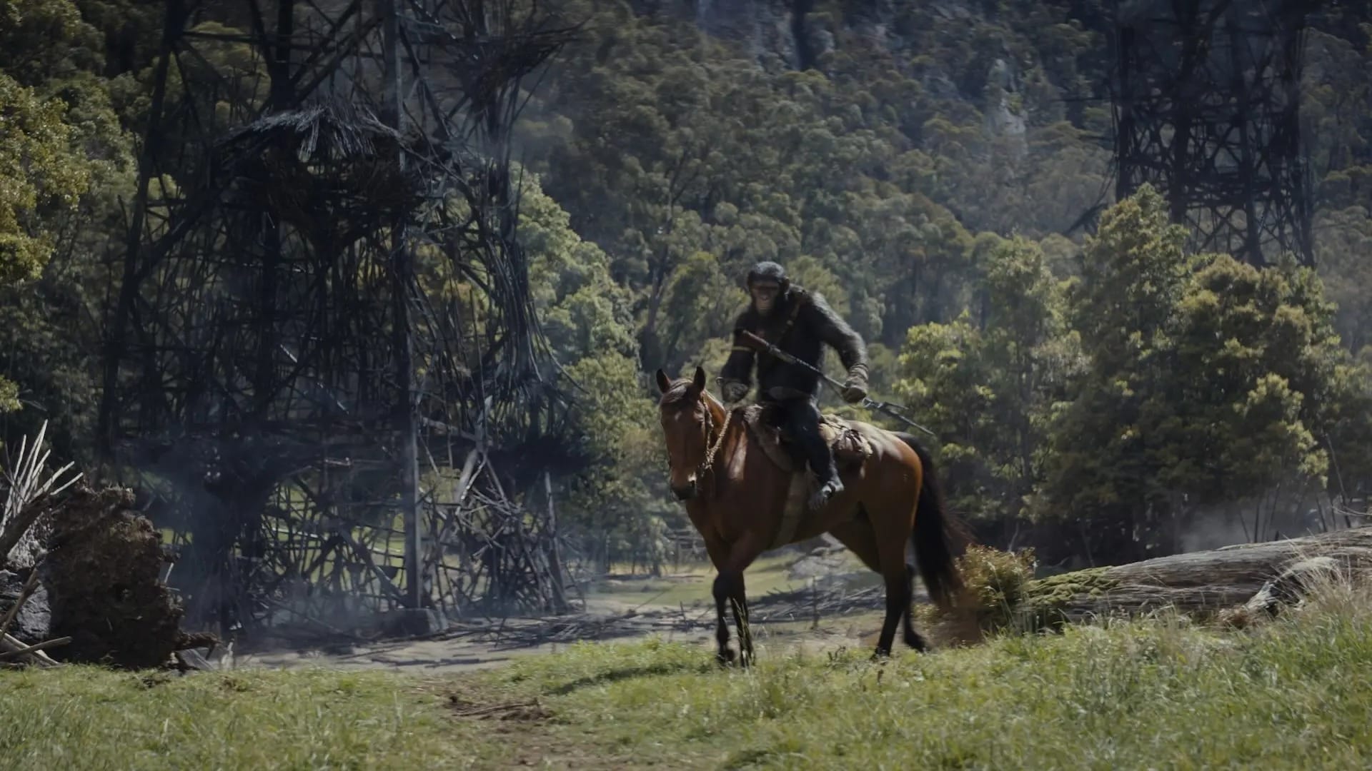 A still from Kingdom of the Planet of the Apes shows an ape character mounted on a horse.