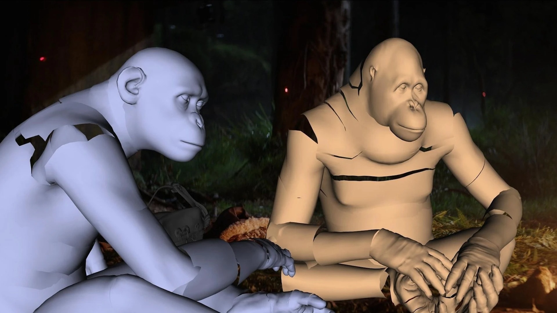 An in-progress still of a scene from Kingdom of the Planet of the Apes shows 3D character meshes of apes modelled on top of human actors.