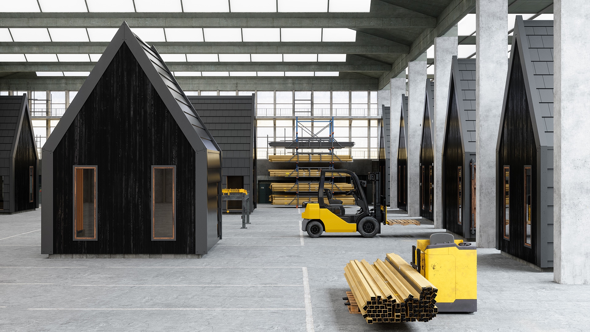Tiny homes being prefabricated in a factory setting