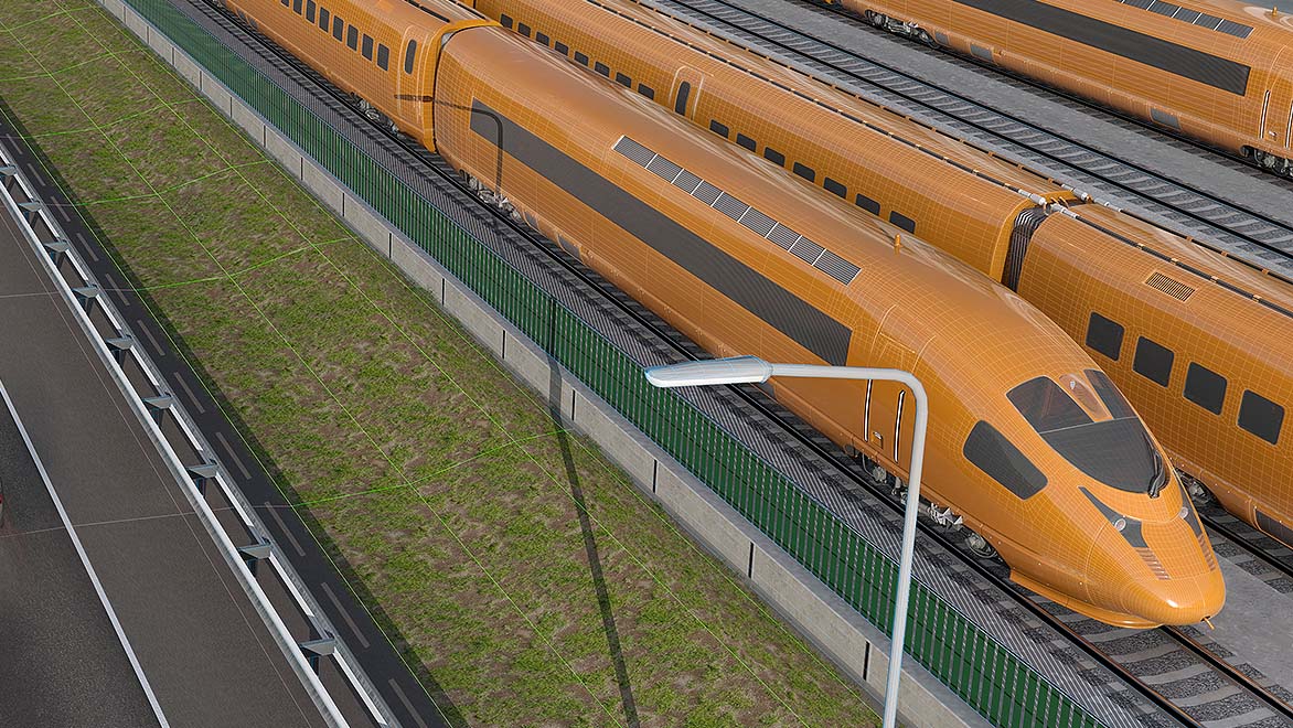 Bullet trains side by side on tracks