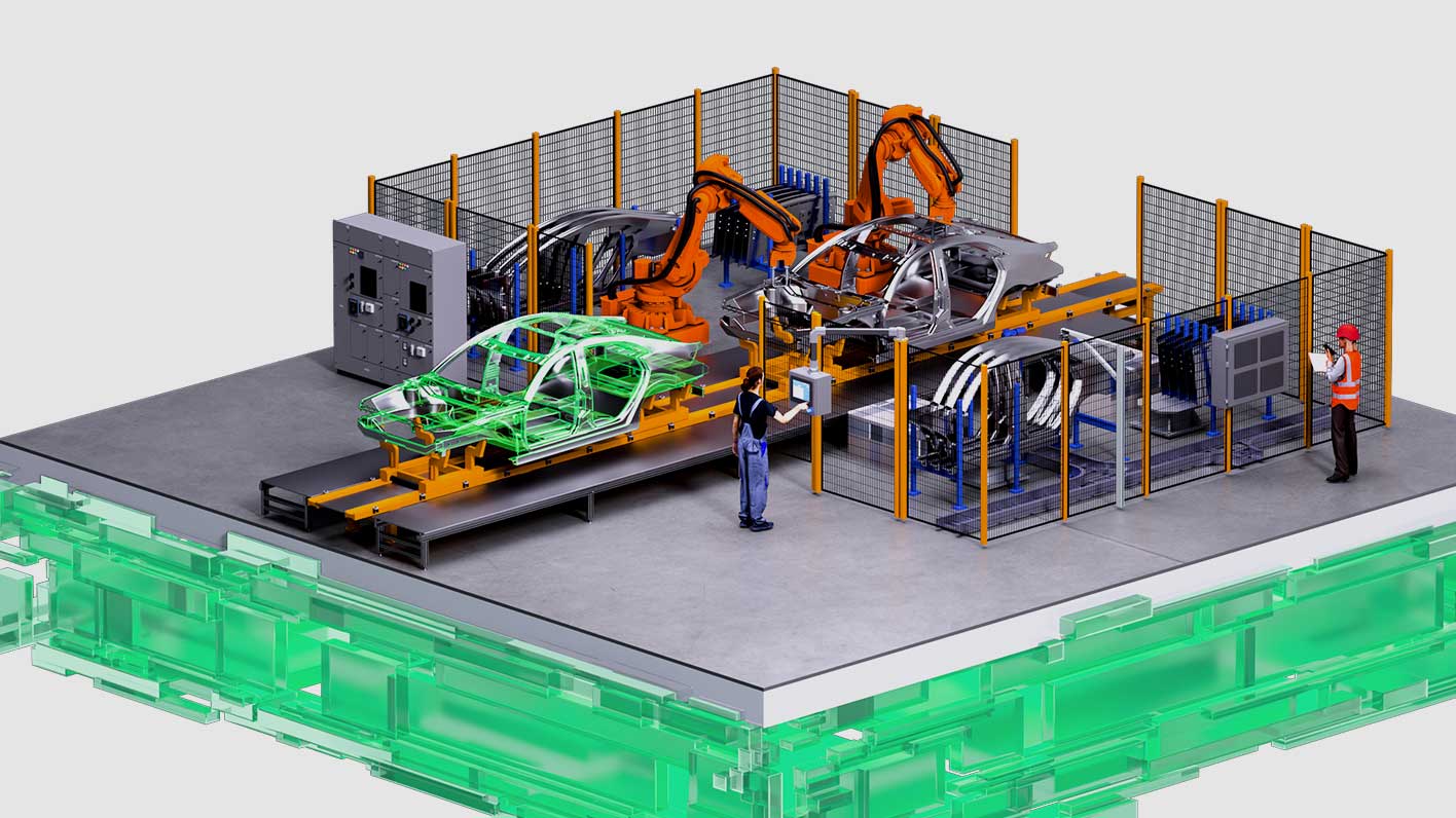 Illustration cutout of smart manufacturing shop floor with car shells mounted on rails