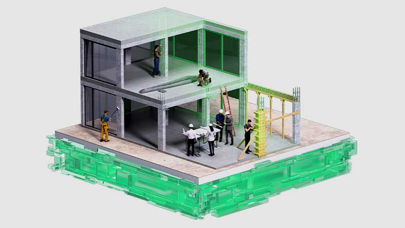 Illustration cutout of a building under construction with architects and construction workers collaborating 
