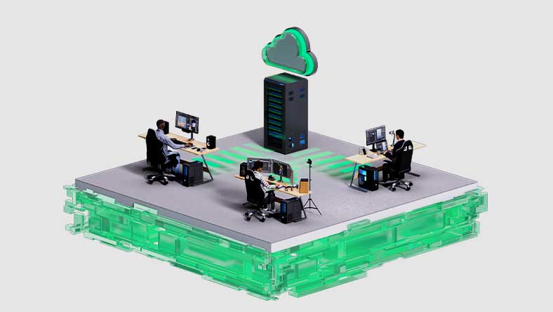 Illustration cutout of production studio colleagues working simultaneously on the same film via a cloud server 