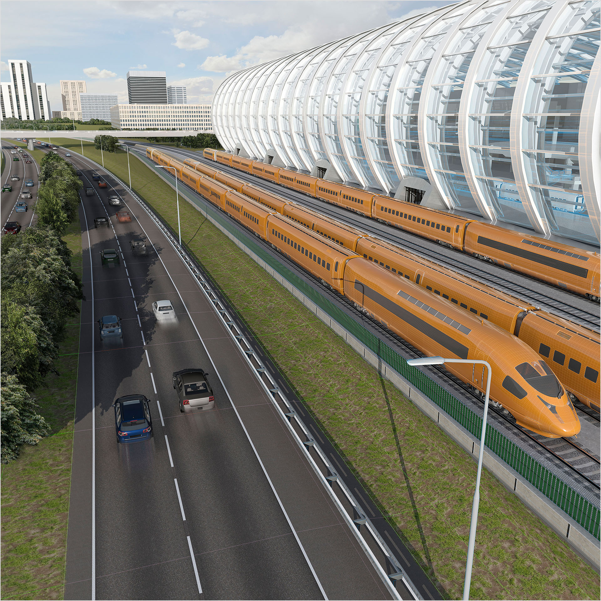 Bullet trains in between train station and highway 