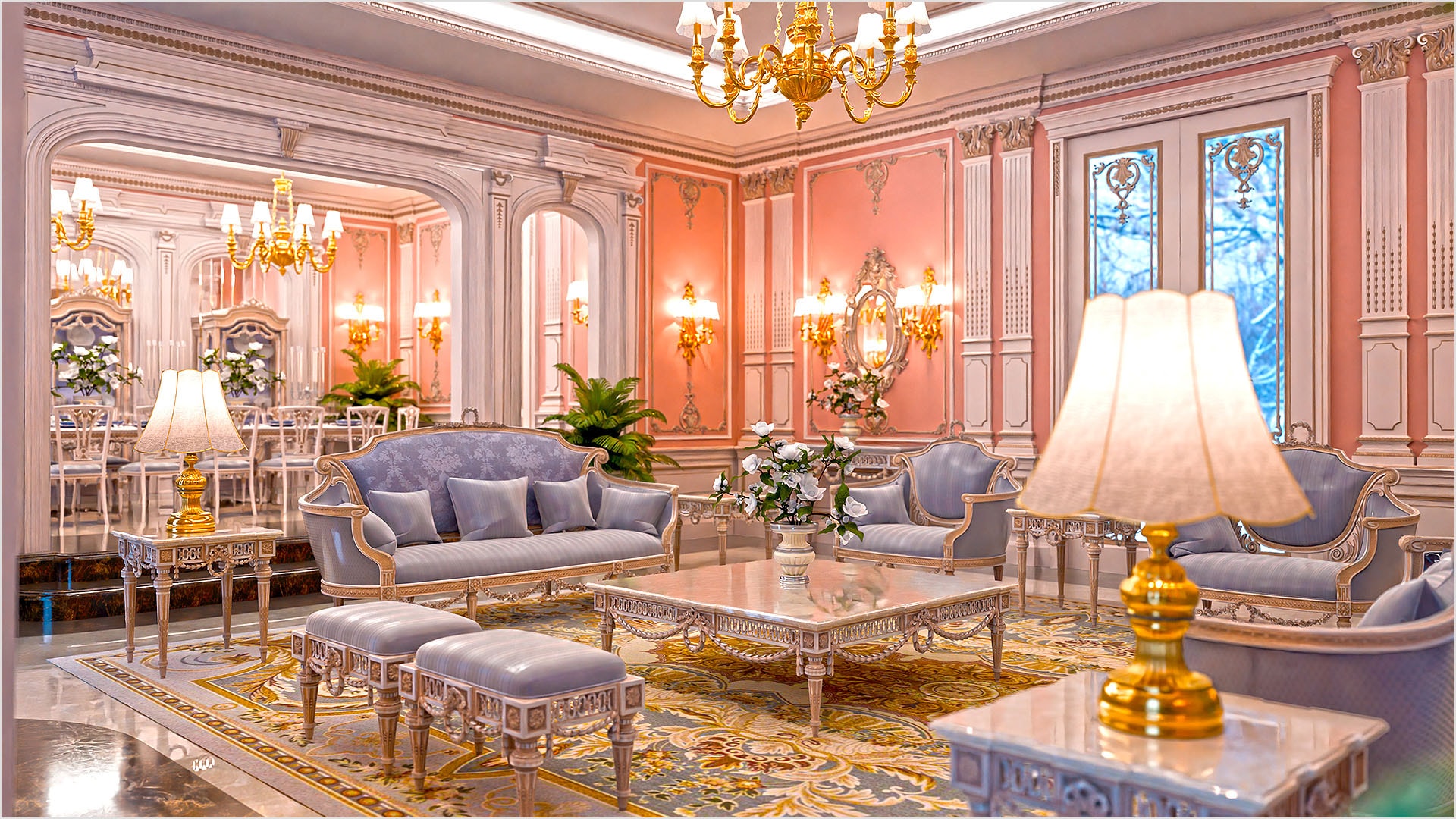 Rendering of opulent living room filled with antiques