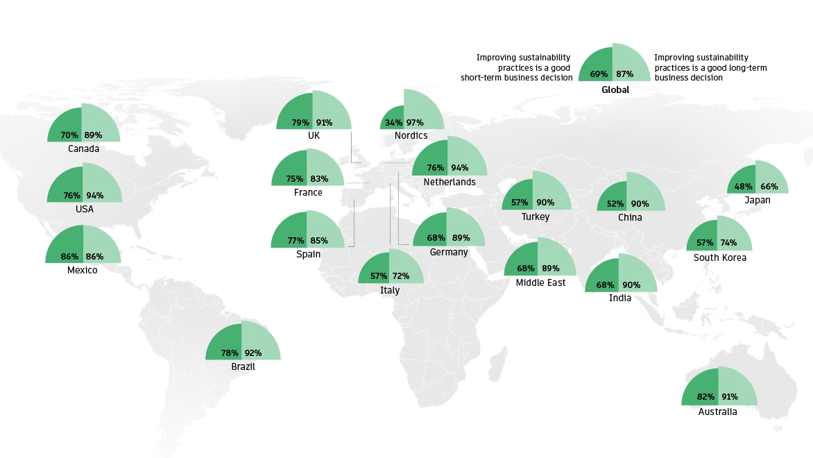 Map of the world showing responses by country or region