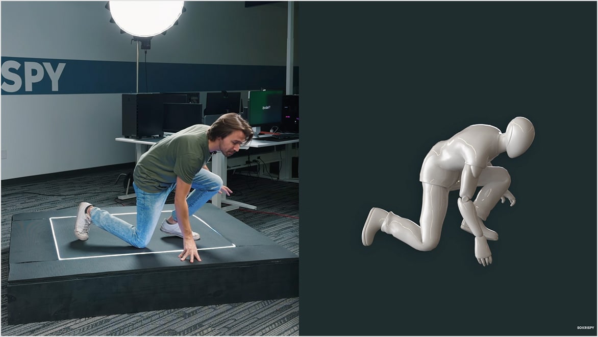 Side-by-side comparison: Man in a sprinter's pose on studio capture mat, and untextured 3D character model mirroring him. 