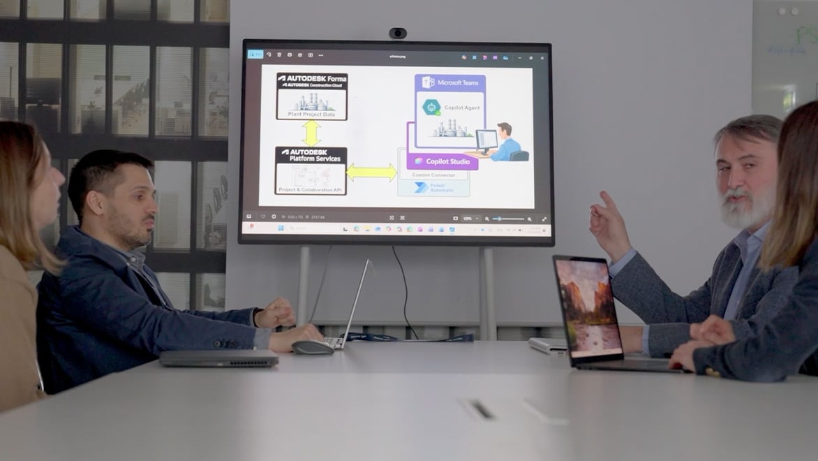 Four colleagues in a meeting room discuss a presentation on services.