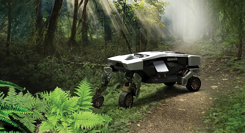 A robotic vehicle in a green lush forest 