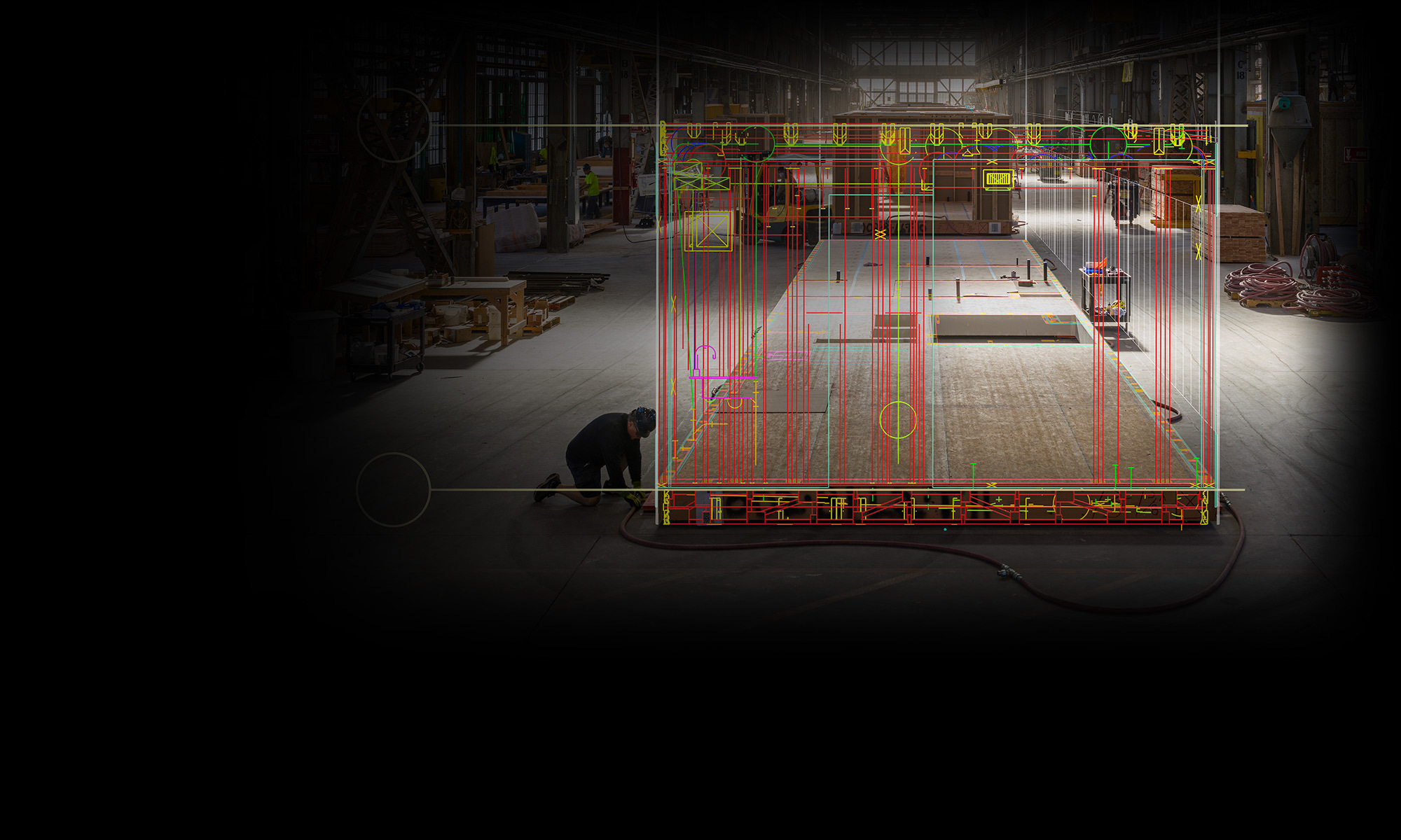 Un diseño digital superpuesto a un edificio en obras en la instalación de construcción Factory_OS