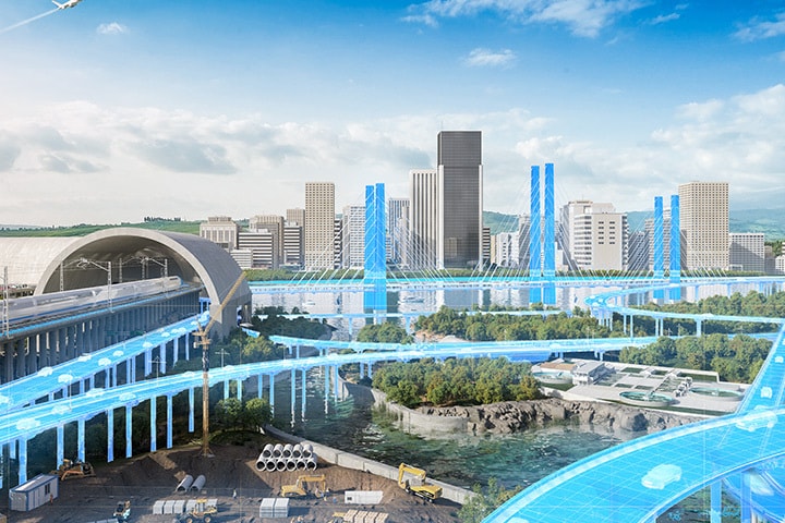 Rendr panoramatu města, který zvýrazňuje městskou infrastrukturu