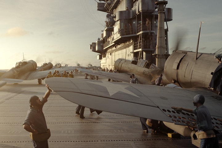 Visual effects shot showing military planes on an aircraft carrier. Image courtesy of Pixomondo.