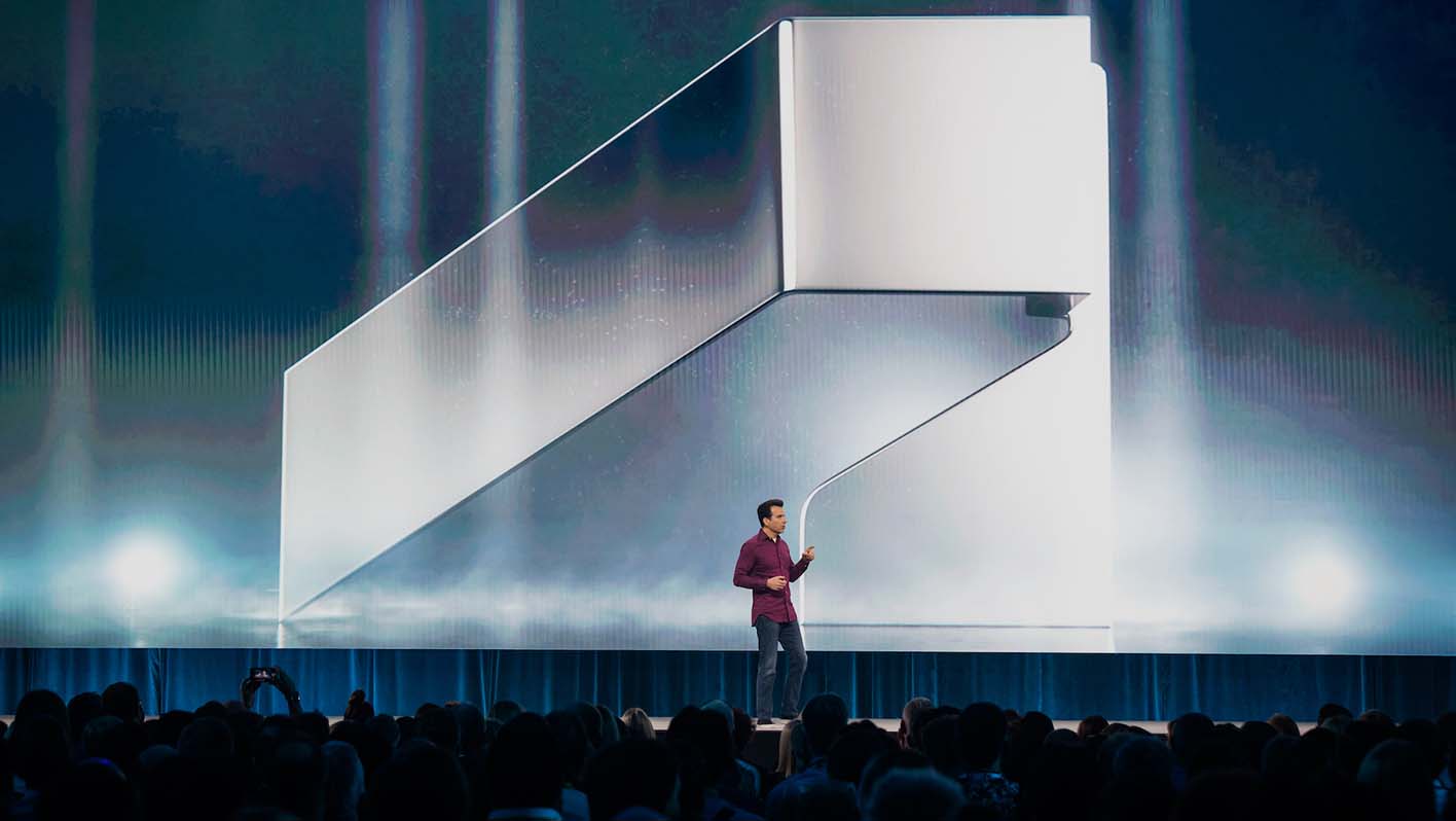 Autodesk CEO Andrew Anagnost presents onstage at Autodesk University. 