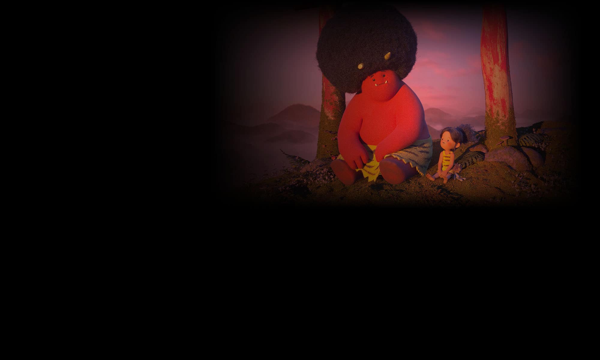 Two 3D animated characters, a little girl and giant red monster, sit together in a primeval landscape.
