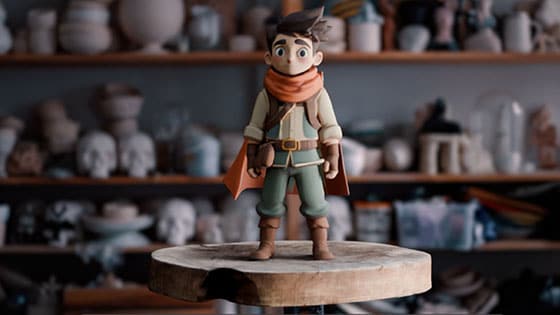 Stylized 3D boy character with scarf standing on a wooden platform in a pottery-filled workshop