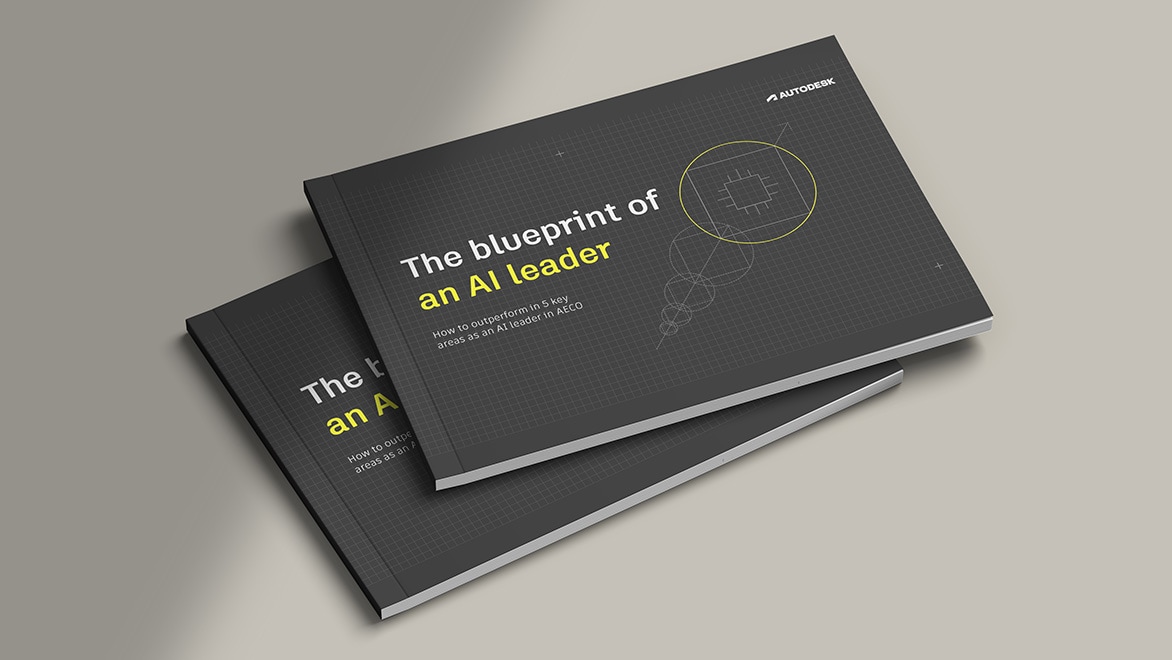 Autodesk AI leadership report showing blueprint-style grid with microchip illustration and title: The blueprint of an AI leader.