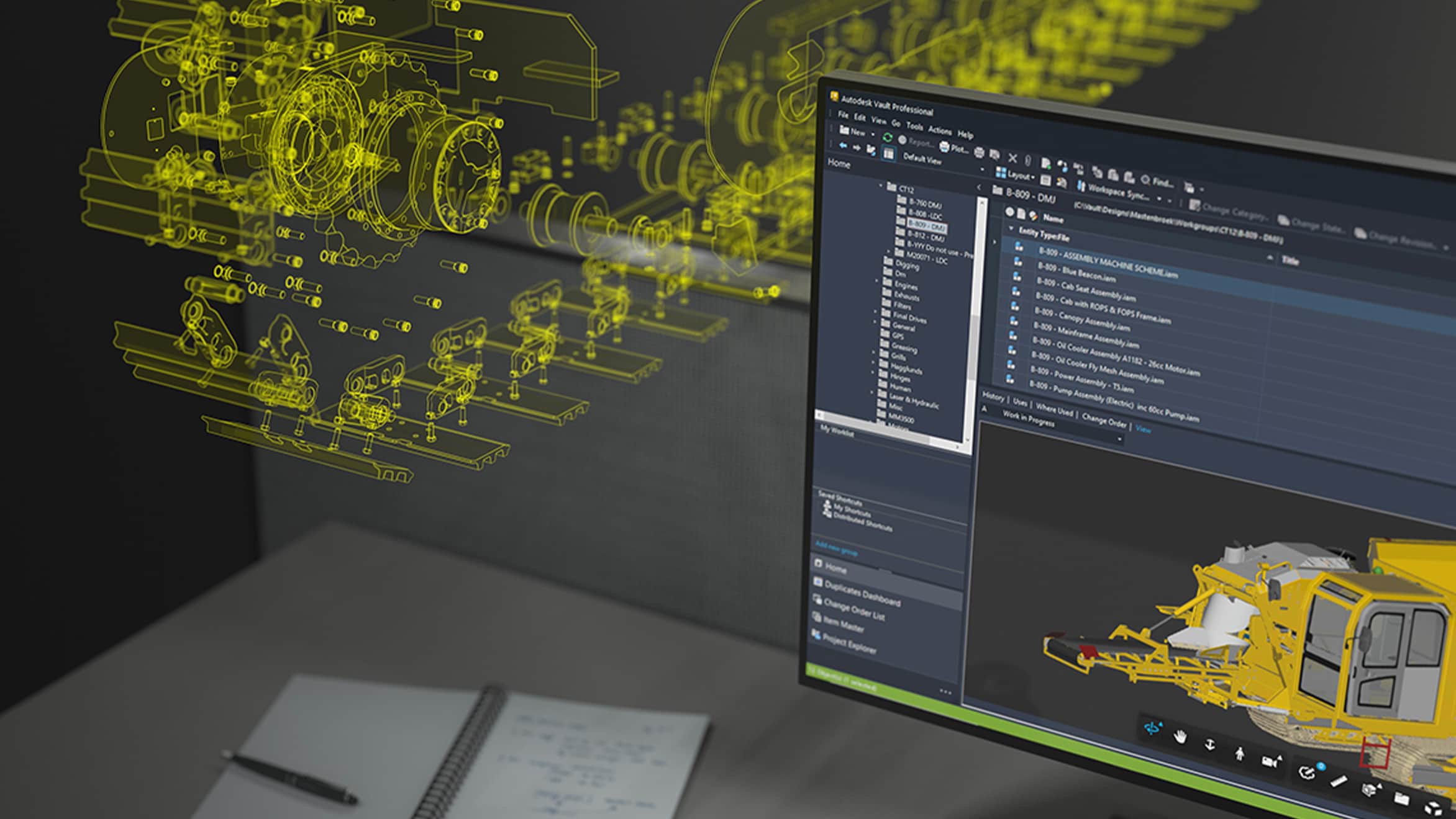 3D representation of a machine with technical documentation and code editor on a screen.