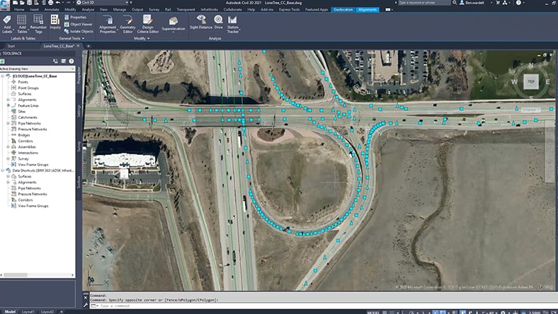 Aerial view of roadway in Autodesk software