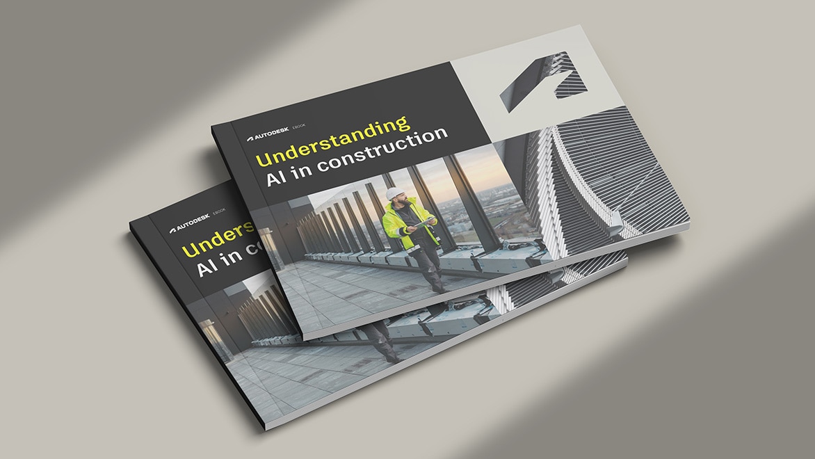 Autodesk e-book cover titled: Understanding AI in Construction, featuring a construction worker on a rooftop with a tablet, modern architectural details, and abstract design elements.