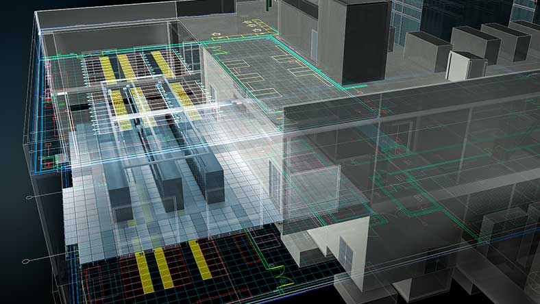 3D building visualization with 2D drafting and layout overlays