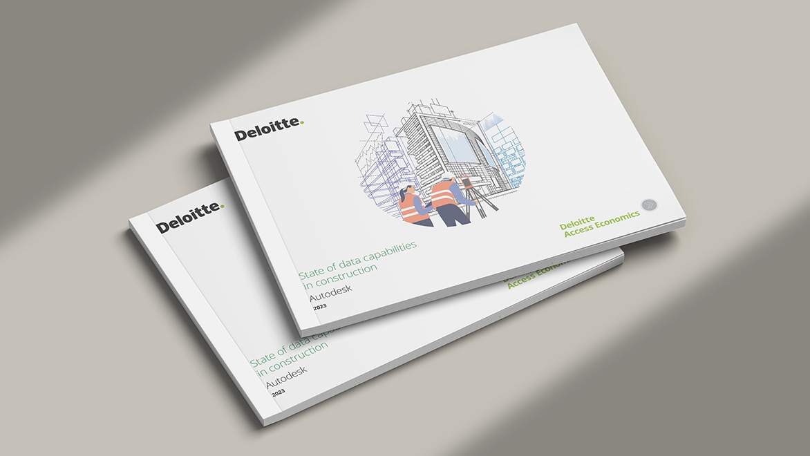 Deloitte and Autodesk report cover titled State of Data Capabilities in Construction, featuring an illustration of construction workers surveying a digitally modeled building.