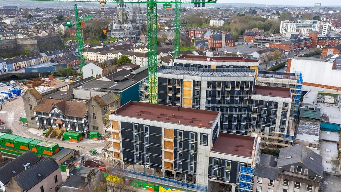 An overhead shot of BAM Ireland’s Brewery Quarter student dormitory project in Cork, Ireland.