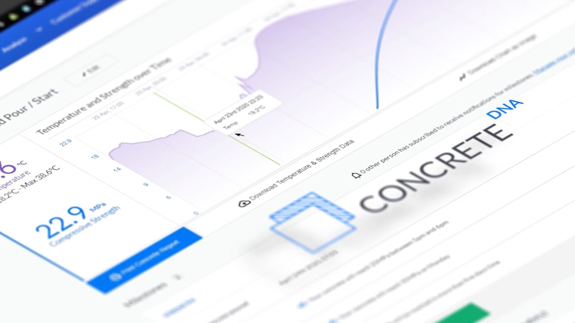An overhead shot of the UI for Converge's ConcreteDNA app, which brings together wireless sensors, AI, and building information models (BIM) to create predictive digital twins built on Autodesk Platform Services.  