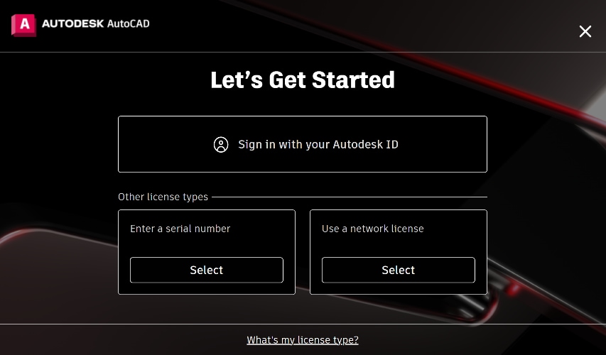 A screenshot showing the Lets get started screen